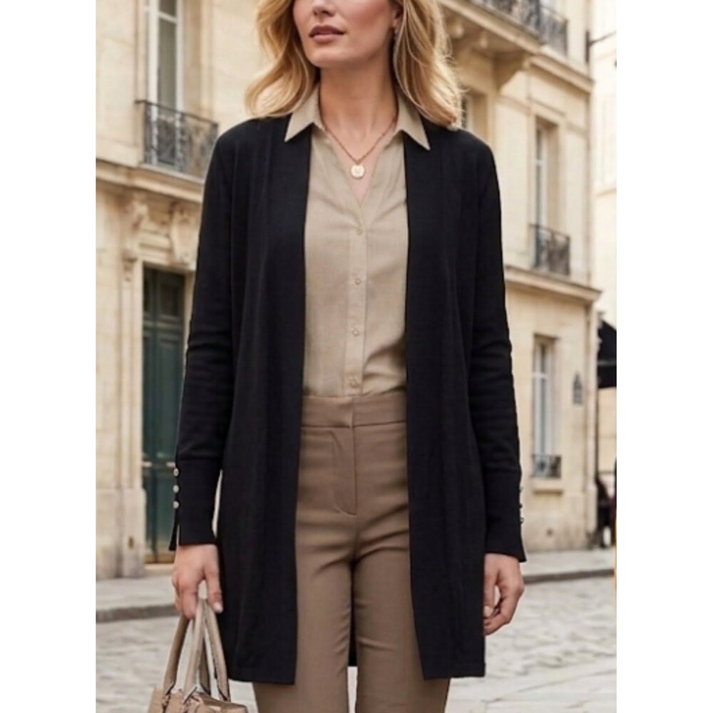 White House Black Market Size XL Cardigan Black Knit Open Front Button Cuff Long